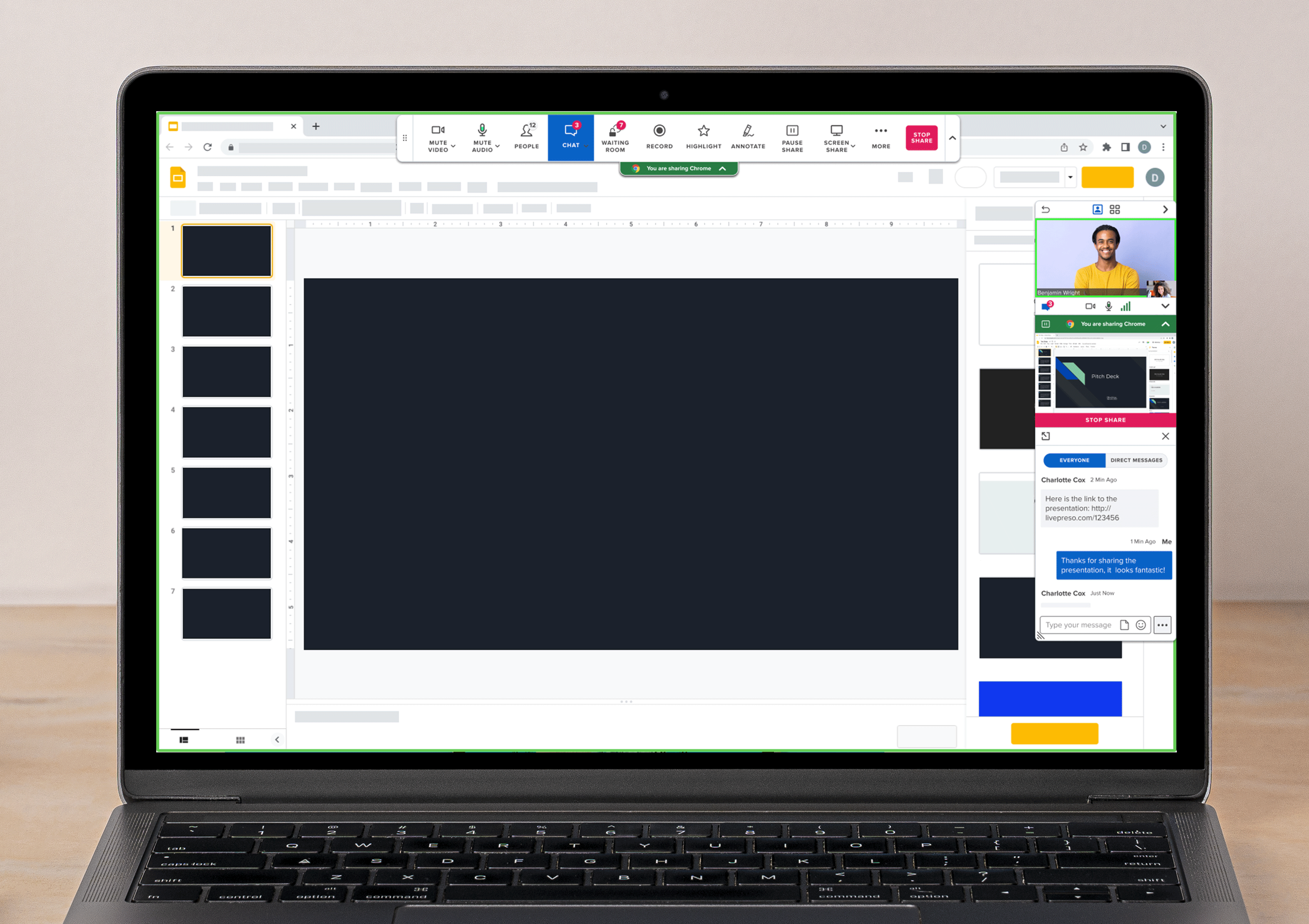 macbook mockup showing BlueJeans' screenshare control interface during a video call