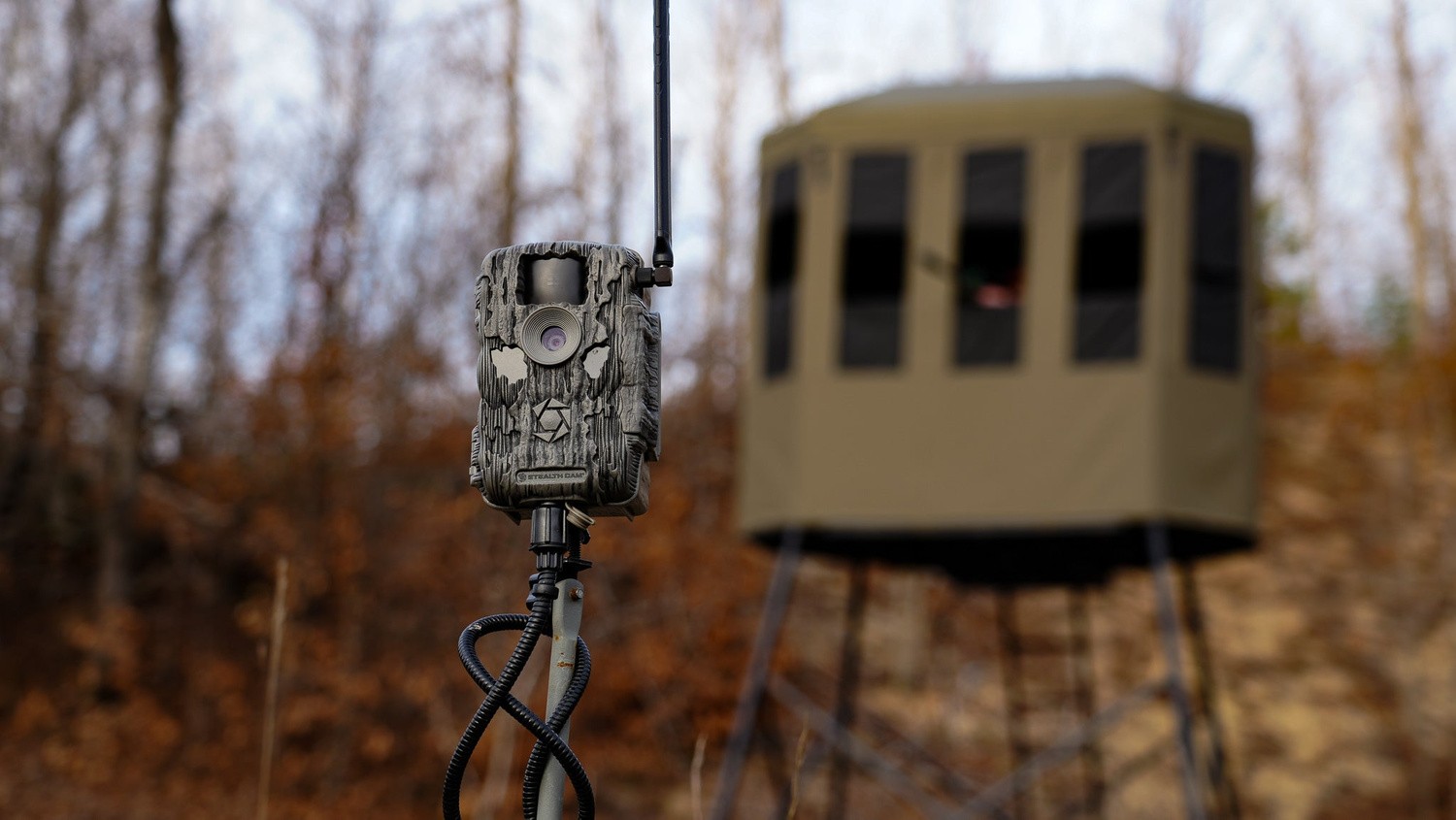 A trail camera mounted on the ground next to a hunting blind